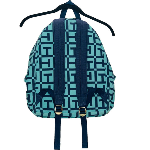 TOMMY HILFIGER Dome Backpack 17" Monogram Logo Navy Teal Canvas Preppy Bag VGUC - Picture 2 of 12